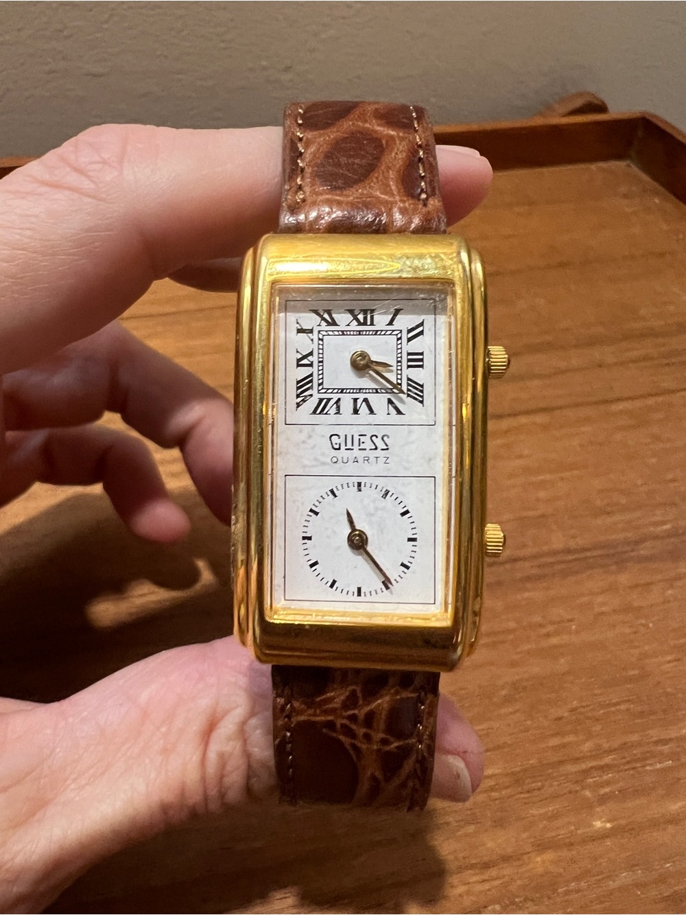 Vintage GUESS Gold-Tone Watch with Brown Leather Strap